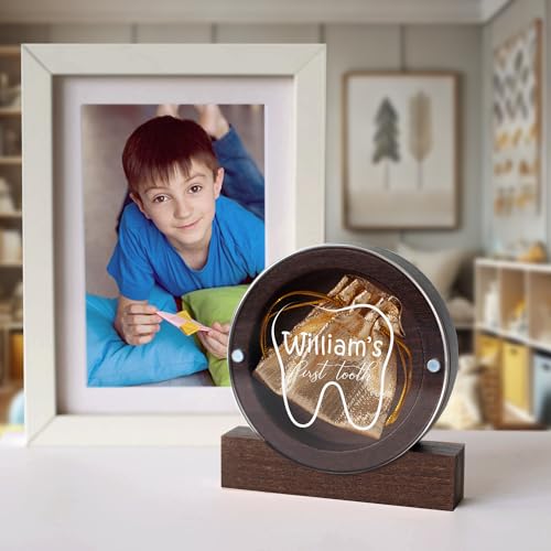 Image of Personalized Baby's First Haircut Memory Box with Name, Wooden Keepsake with Engraving, Hair and Tooth Storage Umbilical Cord Case for Baby Shower Birthday Gift (Dark Wood Round)