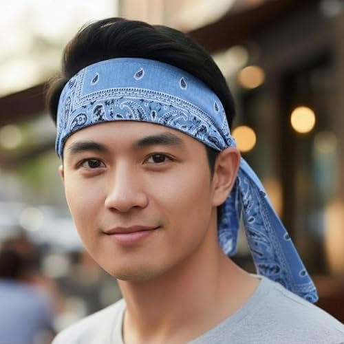 Image of Sweat Sweatband Headband Men, Ninja Headbands, Sports Head Tie, Mens Paisley Headband Long Hair, Athletic Head Band Blue