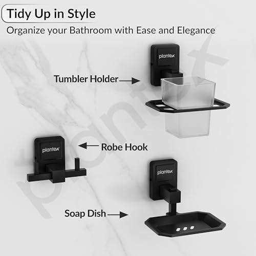 Image of Plantex 304 Grade Stainless Steel Bathroom Accessories Set of 5 - Towel Rod /Hand Napkin Hanger for Wash Basin /Soap Case /Toothbrush Holder /Robe Hook - Darcy (Black)