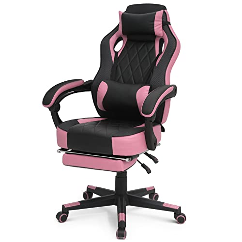 Magshion Gaming Chair with Retractable Footrest, Ergonomic Adjustable Recliner, Reclining & 360° Swivel Racing Style PU Leather Computer Gaming Chair for Teen Adult, Pink