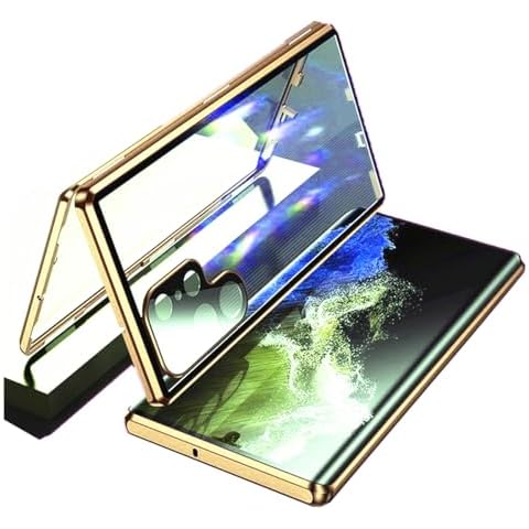 for Galaxy S24 Ultra Case Safety Lock Magnetic Adsorption Aluminum Bumper Double Sided Tempered Glass Cover Camera Protector [No Fingerprint Unlock]，Gold Cover