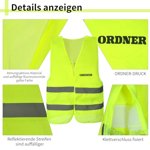 jiawaggag 10 Stück Ordner westen warnweste mit aufdruck ordner warnwesten gelb sicherheitsweste ordner Signalweste Reflektionsstreifen XL Fluoreszierendes Gelb