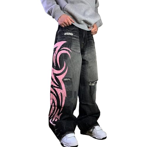 Y2K Streetwear Hip Hop Baggy Jeans Retro Washed Ripped Tribal Print Cargo Pants Grunge Causal Wide Leg Jnco Trousers