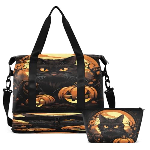 ALAZA Happy Black Cat Kitten Pumpkin Halloween Duffel Bag with Shoe Compartment Tote Bag Weekender Overnight Bag with Wet Pocket for Travel,Gym,Yoga,Swimming2