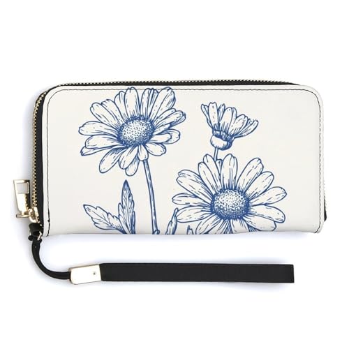 Daisies Dark Blue Minimalistic PU Leather Clutch Long Bifold Wallet, Coin Purse Credit Pass Case, Durable Card-Holder Money Storage for Women Men