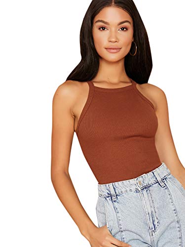 MakeMeChic Women s Sleeveless Knit Slim Summer Halter Cami Top Brown S