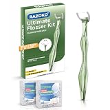 RAZOKO Zahnseide-Set, ausfransresistent, Einführen & um 90° bis 135° drehen für schwer erreichbare Stellen, PTFE- & PFAS-frei, 1 Griff + 120 Ersatzköpfe, Grün