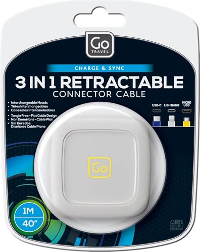 Go Travel 3 in 1 Retractable Connector Cable, Cable with USB C, Micro USB, and Lightning Heads, Compatible with Android, Apple, USB C, and Micro USB Devices, Must-Have Travel Essentials, 1 M (40")