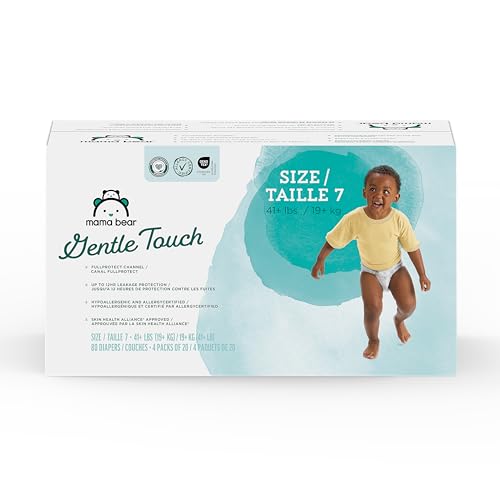 Amazon Brand - Mama Bear Gentle Touch Baby Diapers, Size 7, 80 Count (4 packs of 20), Skin Safe, 12 Hours Protection, Wetness Indicator, Stretchy Waistband