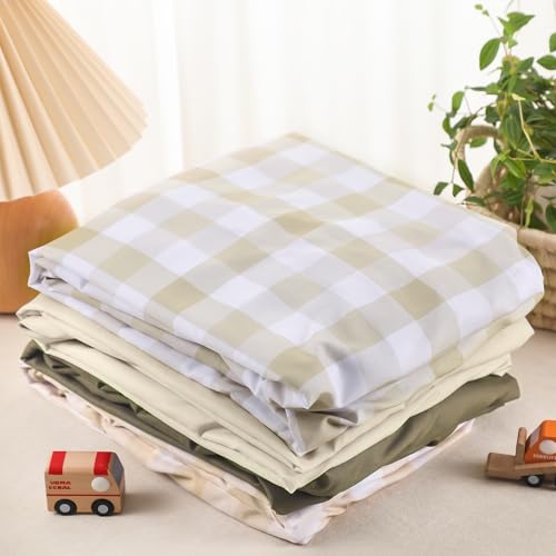 Image of VitalCozy 4 Pcs Checkered Khaki Crib Sheet Set Newborn Bedding Nursery Baby Sheets for Girl Boys Baby Gifts for Standard Crib and Toddler Mattresses, 52 x 28 x 8 Inches