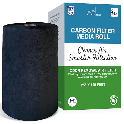 ID Air Systems Activated Carbon Filter Media Roll - 25" x 100' x 1/4" Thick, Odor Control, Cut to Size, Filter Range Hood, AC Filter Material, Durable Carbon Filters, Made in USA