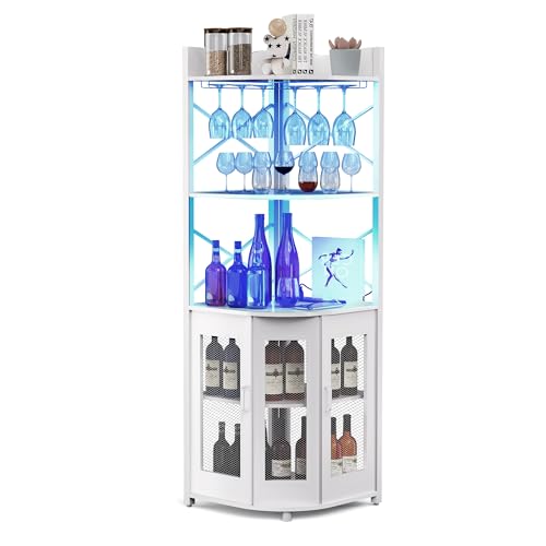 OneBlis Corner Bar Cabinet with Power Outlet,5-Tier Industrial Wine Cabinet with LED Strip and Glass Holder,Liquor Bar Cabinet with Mesh Door,Adjustable Shelf,Corner Display Cabinet for Small Space