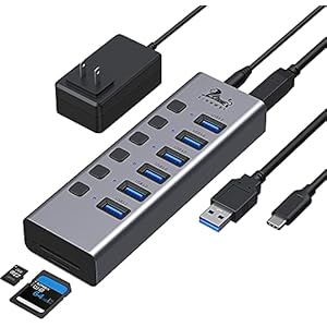 Universal 8-Port Powered USB C Hub, Aluminum Splitter with 6 USB 3.0 Data Ports, SD/TF Card Readers, On/Off Power Switches, AC Adapter, for PC, Laptops, MacBook Pro/Air, Surface Pro, HP