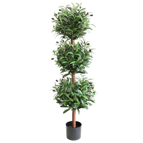 Artificial Olive Triple Ball Topiary Trees, 4FT Faux Olive Topiary Tree, 47 Inch Fake Potted Plants...