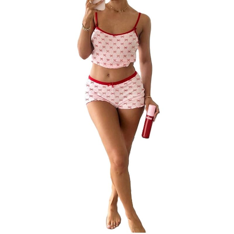 Image of Womens Y2K Cute Print Cami Pajama Sets Lace Trim V Neck Tank Top Shorts Set Bow Heart Print 2 Piece Sleepwear