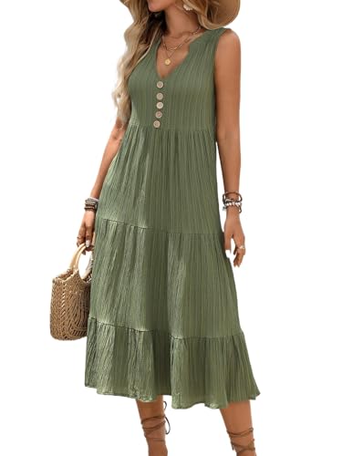 Image of HELYO Women's Casual Summer Dress 2026 Sleeveless V Neck Button Beach Sundress Tiered Ruffle Flows Skirt Midi Dresses