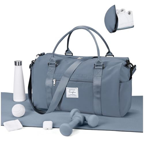 Gym Bag for Women Men with Shoes Compartment,Sports Duffle Bag Personal item travel Duffel Bags Tote Bag Small Carry on Weekender Overnight Bag Workout Dance Bag Hospital Holdalls Grey Blue
