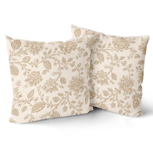 Giwawa Vintage Floral Pillow Covers 16x16 Inch Set of 2 Chinoiserie Flower Pillow Case Rustic Decorative Tan and Cream Flowers Cushion Covers for Farmhouse Spring Summer Fall Decor