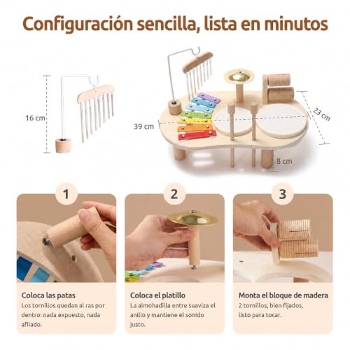 Miniatura 5 de Promise Babe - Instrumentos Musicales De Madera Para Niños De 1 A 3 Años, Batería Montessori Con Tambor, Xilófono Y Percusión, Juguete Musical Educativo, Regalo Para Niños Y Niñas