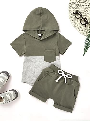 Newborn Baby Boy Summer Outfits Short Sleeve Color Block T-Shirt Tops & Pocket Pant Set Elastic Solid Color Shorts Sets 2Pcs(Dark Grey Hoodie,9-12 Months) #TOP1