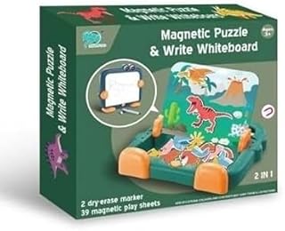 لوح كتابة بازل مغناطيسي 2 في 1 بنمط ديناصور 8786-2 مع 39 ورقة لعب مغناطيسية من منير تويز