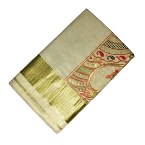 Image of Women's Kerala Kasavu Golden Gold Tissue Saree with Running Blouse Piece | Kerala Onam Saree with Tissue Mural Painted (Saree 5.5 meter, Blouse Piece 0.8 meter)