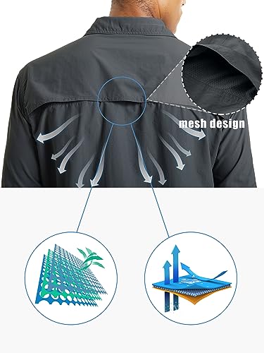 Tacvasen Men's Tactical Shirts Quick Dry Uv Protection Long Sleeve Hiking Fishing Button Shirts Dark Grey, M #TOP4
