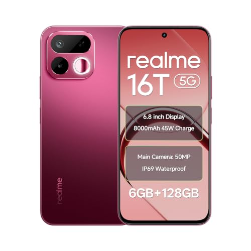 Image of realme 16T 5G Smartphone 8000mAh Titan Batterya, 6GB RAM 128GB ROM, 6.8 inch 144Hz Display, 50MP AI Rear Camera & Selfe Mirror, MediaTek Dimensity 6300 Processor, Android 16, IP69 Pro Starlight Red