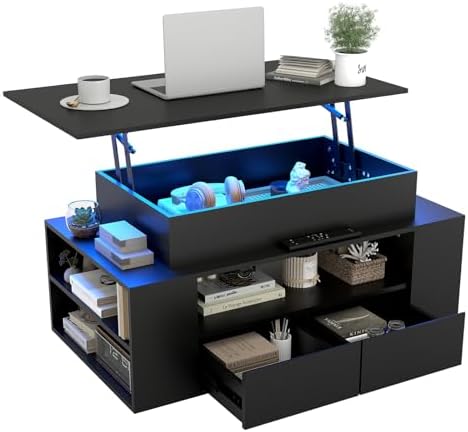 YU YUSING Mesa de Centro Elevable y Extensible con Luz, Mesa Auxi...