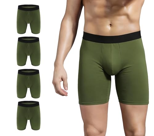 ZLYC Mens Long Leg Cotton Boxer Briefs Fit Underwear, 3/4 Pack, Large, Dark Olive Green