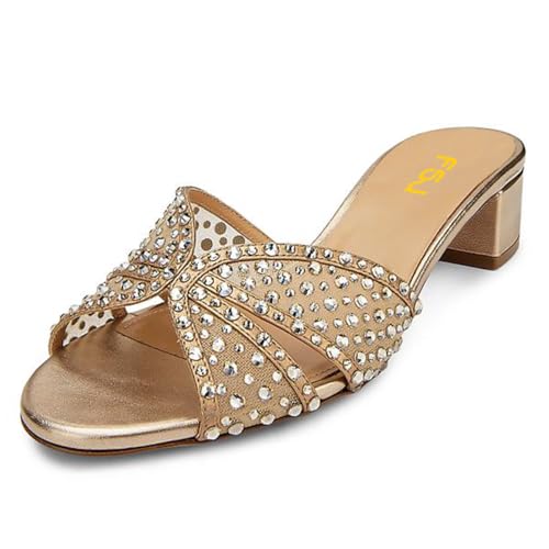 FSJ Women Low Block Heeled Mules Open Toe Rhinestone Slide Sandals Mesh Sparkling Crystal Comfortable Vacation Shoes Size 4-16 US