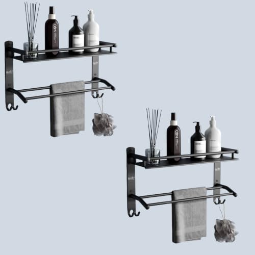 Image of GLOXY Combo Pack of 2 Black Matte Finish Washroom Storage Organizer - Premium Bathroom Stainless Steel Shelf with Towel Holder Rods - Bathroom Fittings Accessories Set for Home, Office & Restaurants