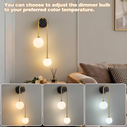 Image of Globe Wall Sconce, Double Hanging Ball Sconce, Modern Indoor Sconces | Gold Double Globe wall Sconce with Milk Glass Shades, Hardwired Indoor ball Sconce for Bedroom Bathroom Living Room Hallway