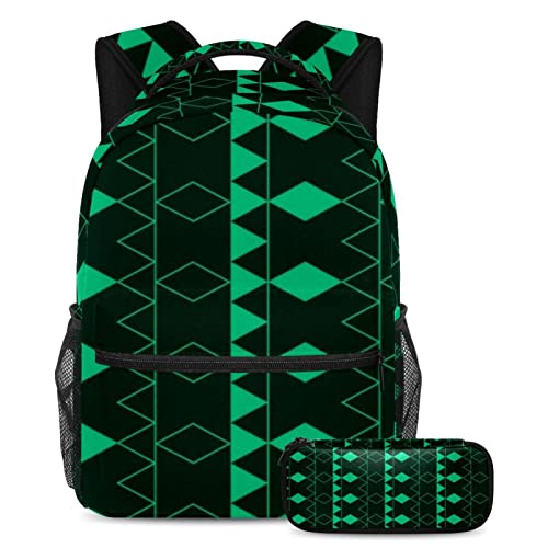Sac à dos géométrique vert avec trousse pour école et voyage ado