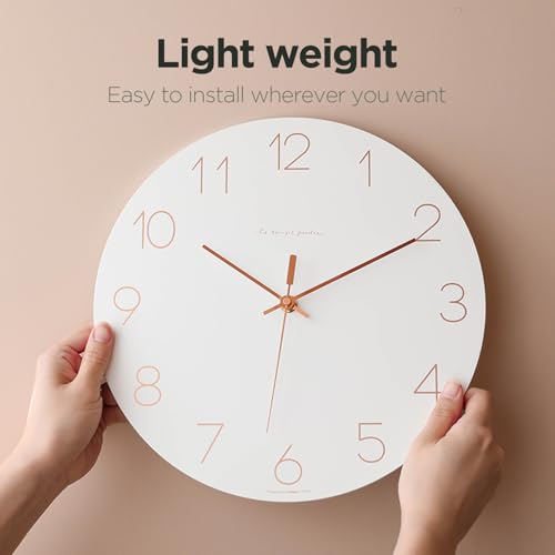 Image of mooas Flatwood Wall Clock (Rose Gold),12 inch Non-Ticking Sweep Movement | Decorative Battery Operated Wall Clock for Home Living Room Kitchen Bedroom Office School