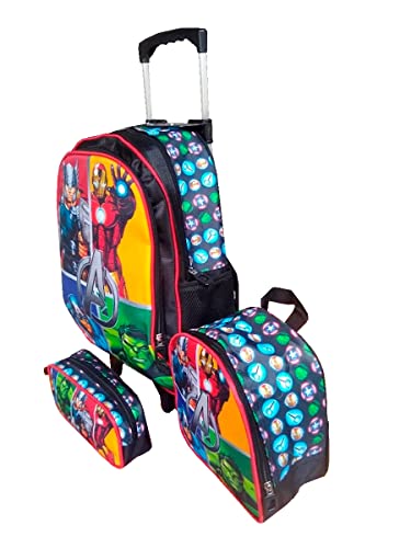 Kit Mochila Infantil com Rodinhas + Lancheira Térmica + Estojo Vários Personagens (Único, Vingadores