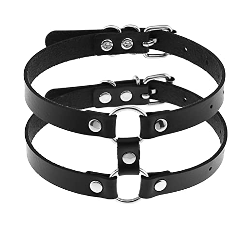 Adjustable 2 Rows Black Leather Collar for Women,Punk Rock Armbands Harness Jewelry Necklace for Man (Only Collar)2