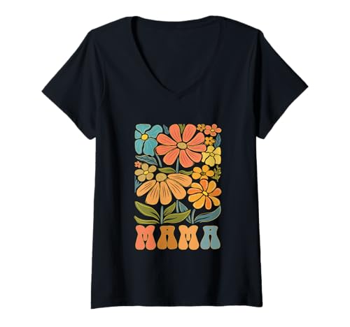 Mujer Mama Vibrant Floral Blooms, estilo retro Camiseta Cuello V