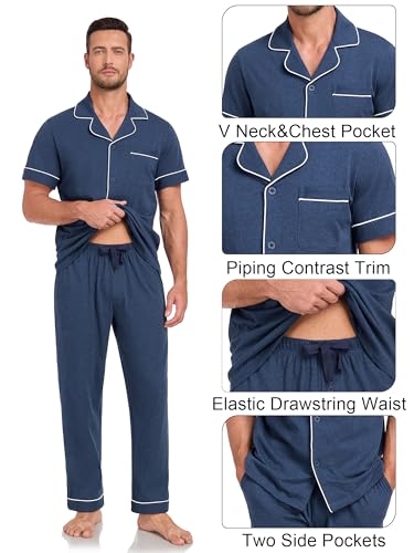 COLORFULLEAF 100% Cotton Mens Pajamas Set Short Sleeve Loungewear with Long Pants Button Down Sleepwear Soft Comfy Pjs4