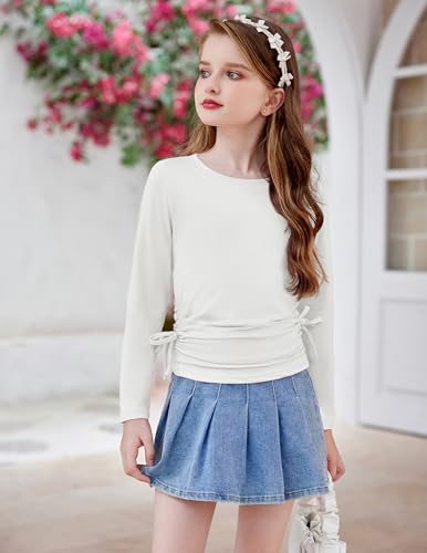 Image of Arshiner Girls Long Sleeve Shirts Ruched Knot Side Tunic Blouse Tee Tops