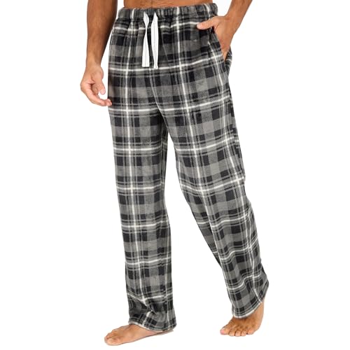 INSIGNIA Mens Fleece Check Pyjamas Lounge Pants Bottoms (Grey Check, XL)