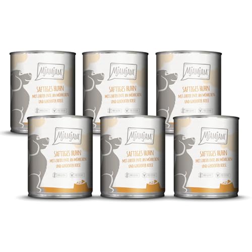 MjAMjAM - Premium Nassfutter für Hunde - saftiges Huhn mit zarter Ente an Möhrchen und gekochter Hirse, 6er Pack (6 x 800 g), getreidefrei mit extra viel Fleisch