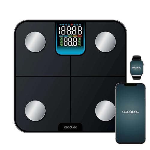 Cecotec Báscula de Baño Inteligente con App Surface Precision HealthySmart. Bluetooth y 25 Parámetros, Tamaño 28x28 cm, Pantalla LCD, Capacidad Máxima 180kg, Funciona con Pilas