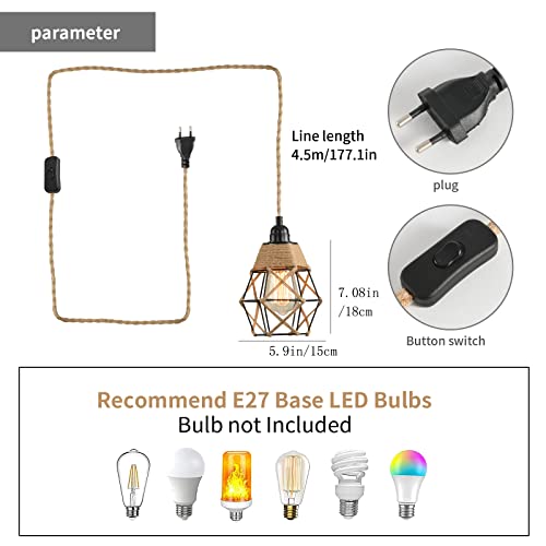 Lámpara de pared de ratán E27 con pantalla rústica vintage y cable 1.6m 3