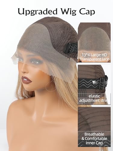 Image of 13 * 4 HD Glueless Human Hair Ombre Light Brown Lace Front Wigs for White Women Straight Wig Pre Plucked 180% Density Transparent (16inch)