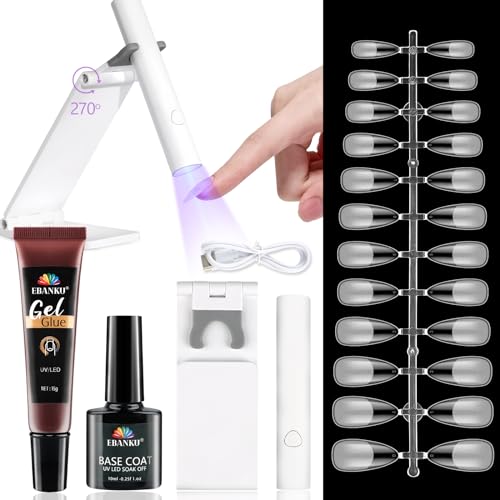 EBANKU Kit Uñas, Nail Kit de Tips Uñas Gel con 3 in 1 Sólido Pegamento, 120PCS Medium Almendra Uñas Postizas, Base Gel, Mini Lampara Uñas Semipermanentes, Kit De Uñas Para Principiantes