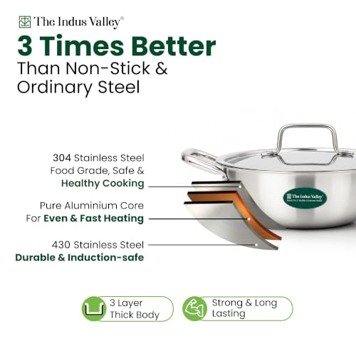 Image of The Indus Valley Tri Ply Stainless Steel Cookware Combo Set | 22cm Kadai with SS Lid + 22cm Fry Pan | 3-Layer Thick Body | 304 Food-Grade Stainless Steel | Induction Compatible