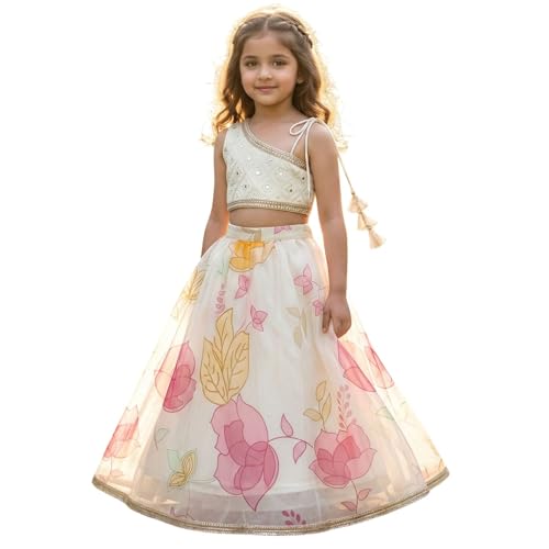 Image of Girls Floral Lehenga Choli Set | Georgette Embroidery Blouse with Organza Printed Lehenga Skirt | Elastic Waist Pull-On Kids Ethnic Wear for Wedding, Festival & Party