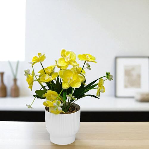 Image of CURATED CART Flower Pot with Artificial Flowers - Orchid Yellow Flower with White Vase | Ideal for Home Decor | Office Decor | Gifting | Size 25 x 15cm