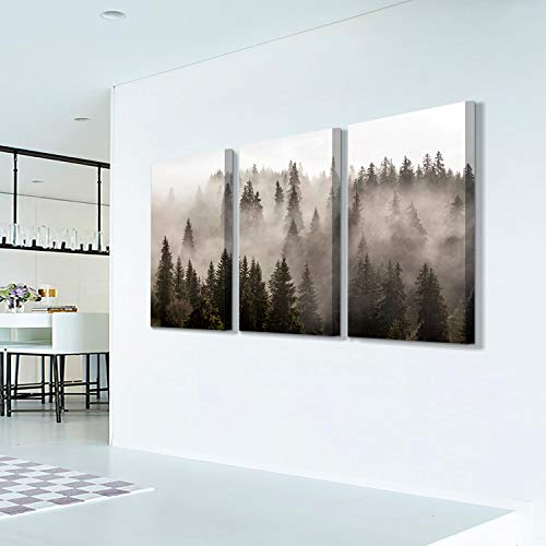 Hardy Gallery Foggy Forest Picture Wall Art: Landscape Painting Misty Pine Trees Artwork Print On Canvas For Living Rooms Office (34"X20"X3Pcs) #TOP3